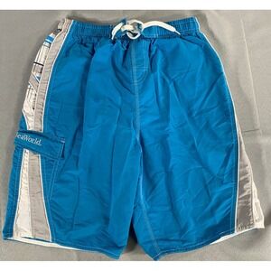 SeaWorld Swim Trunks XL Blue Gray Plaid Board Shorts Mesh Lined 18" Outseam